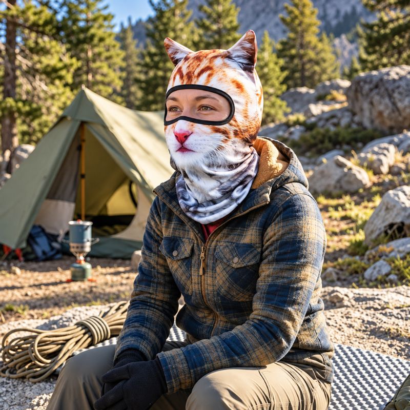 Cagoule WildCat portée par femme au campement en montagne sauvage
