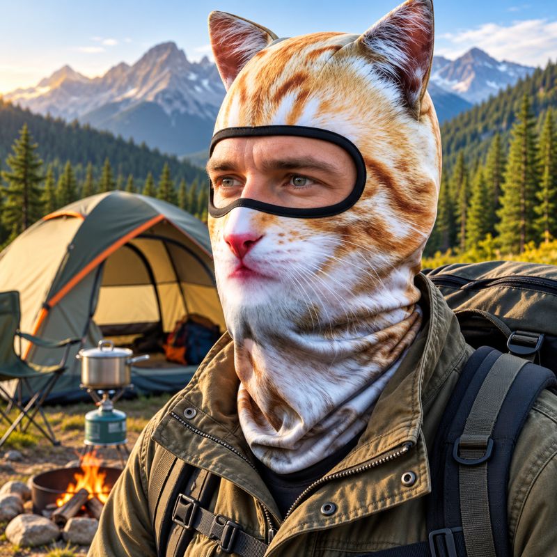 Cagoule WildCat portée au camping devant tente et montagnes sauvages