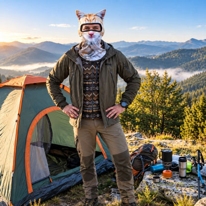 Cagoule WildCat portée au sommet devant tente et montagnes sauvages