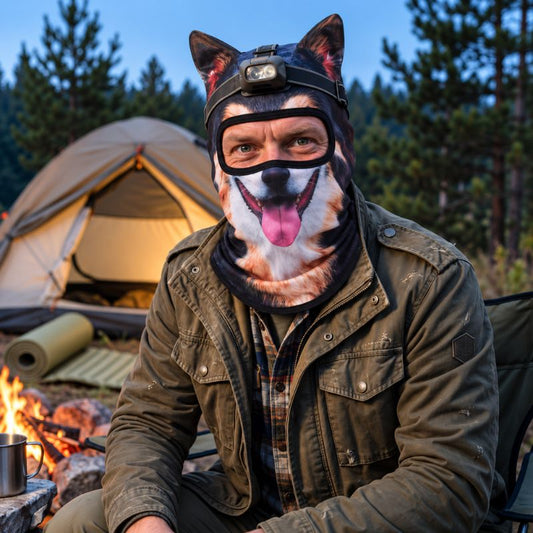 Cagoule WildDog portée au camping devant tente et feu forestier