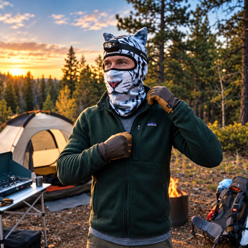 Cagoule WildTiger portée au campement avec lampe frontale au crépuscule