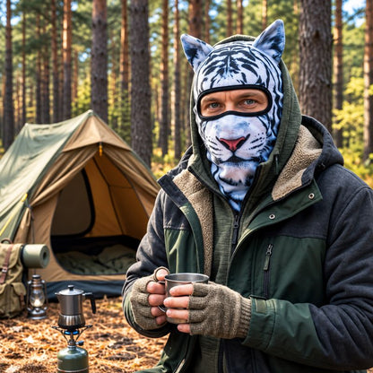 Cagoule WildTiger portée au camping devant tente en forêt sauvage