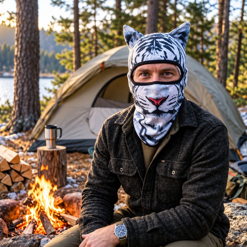 Cagoule WildTiger portée près du feu au campement près lac