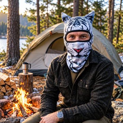 Cagoule WildTiger portée près du feu au campement près lac