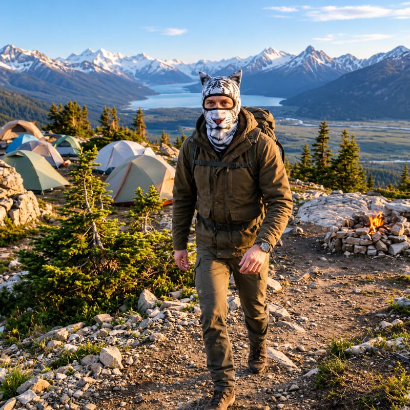 Cagoule WildTiger portée en randonnée devant campement et montagnes sauvages