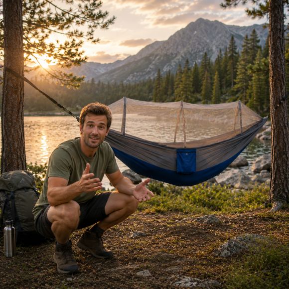 Hamac moustiquaire TrekShield suspendue près d'un lac.