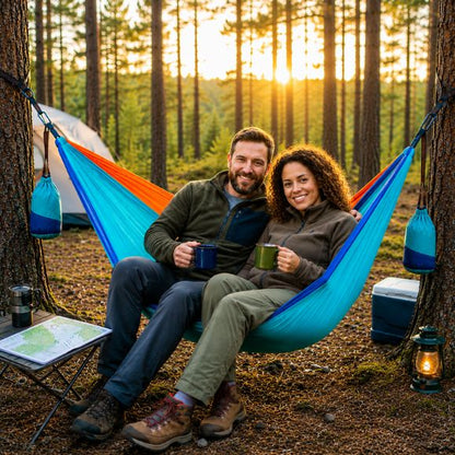 Hamac pour 2 personnes DuoNomade bleu et orange avec un couple.