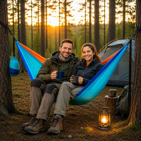Hamac pour 2 personnes DuoNomade bleu et orange avec un homme et une femme.