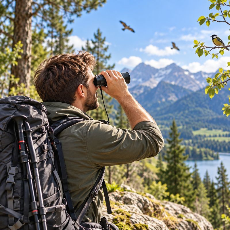 Jumelles PocketView homme observant oiseaux pendant randonnée en montagne ensoleillée