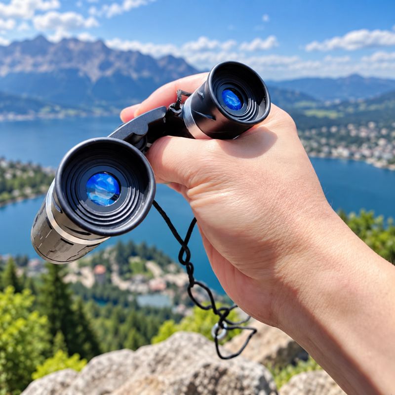 Jumelles PocketView observant lac montagnes lors randonnée en plein air