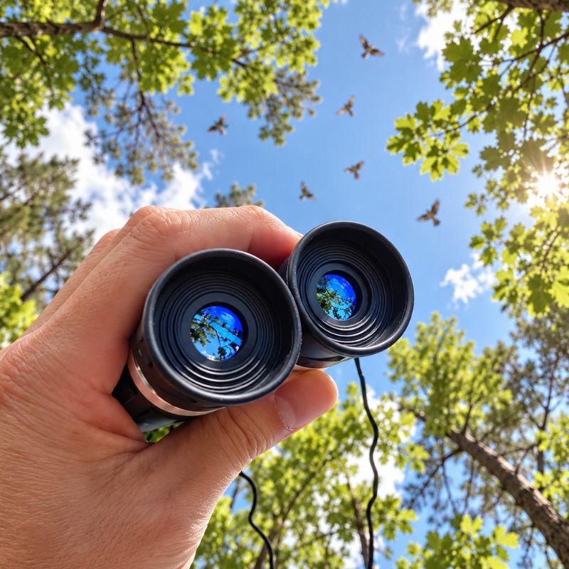 Jumelles PocketView observant oiseaux dans ciel sous branches arbres feuillus