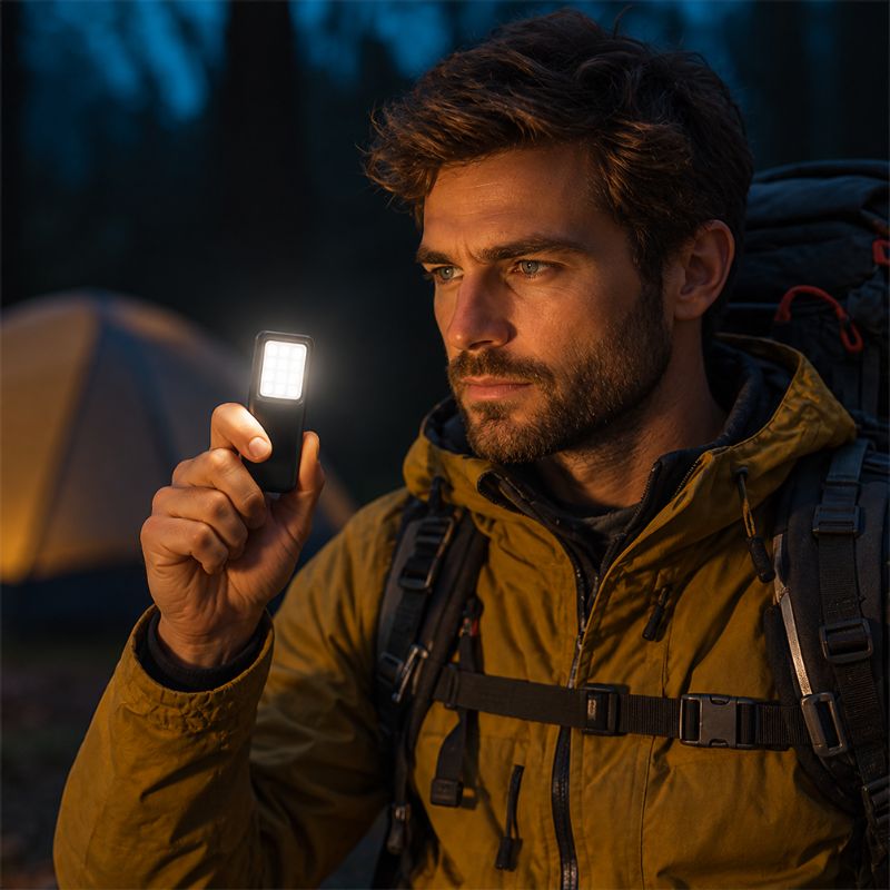Lampe de poche ClipBeam éclaire campement nocturne devant tente