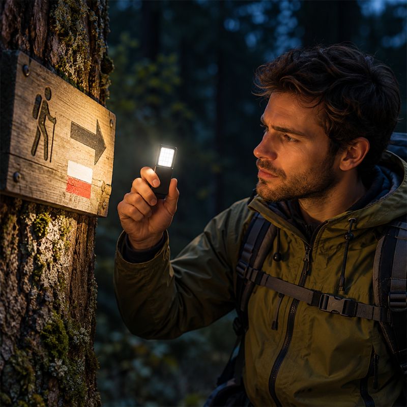 Lampe de poche ClipBeam éclaire table devant tente au campement