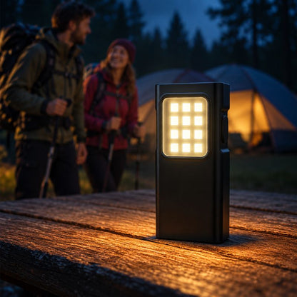 Lampe de poche ClipBeam randonneurs réunis devant tente au campement