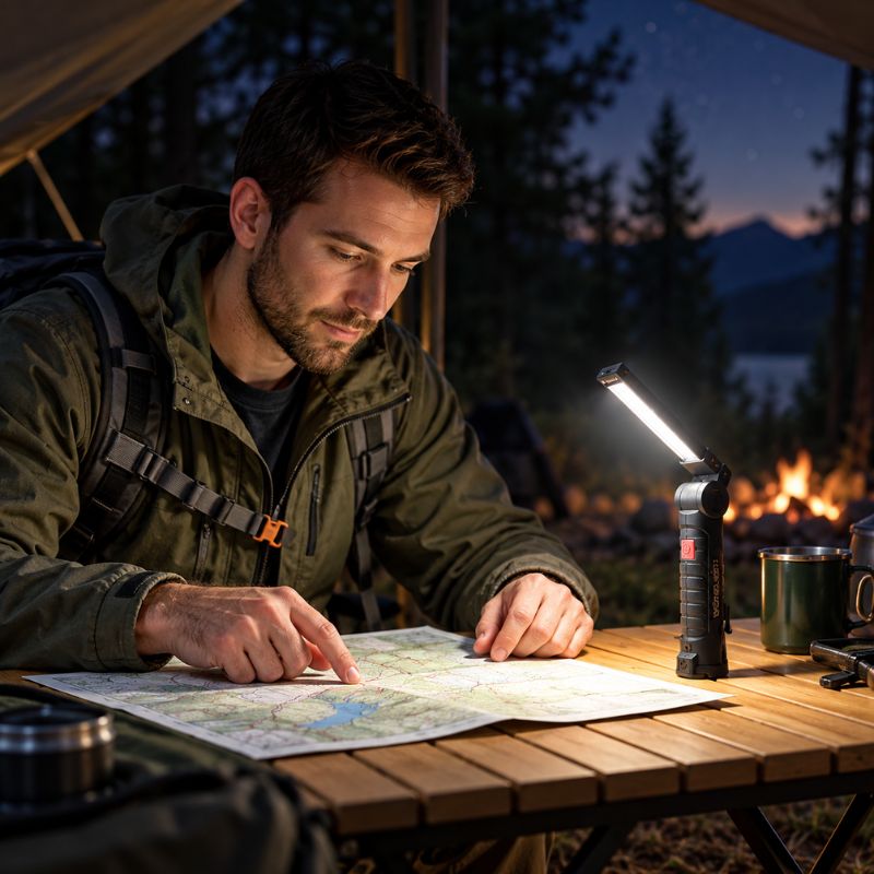 Lampe de poche FlexBeam homme consulte carte au campement montagne