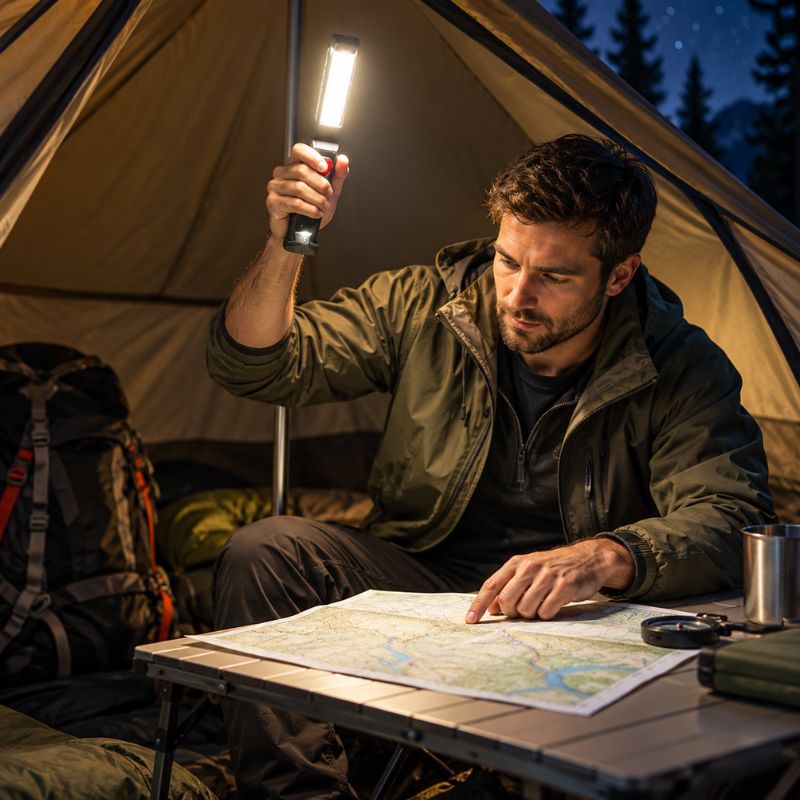 Lampe de poche FlexBeam randonneur consulte carte dans tente nuit