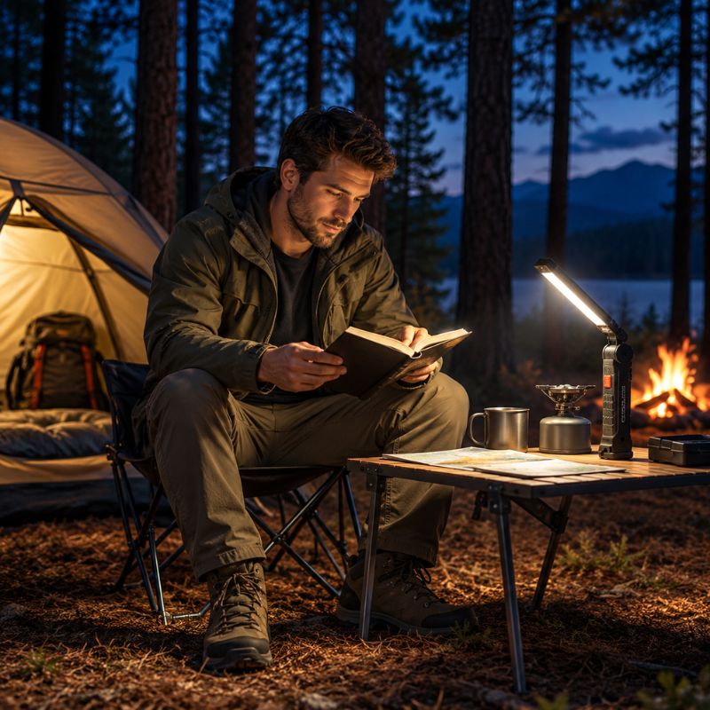 Lampe de poche FlexBeam randonneur lit près tente au campement