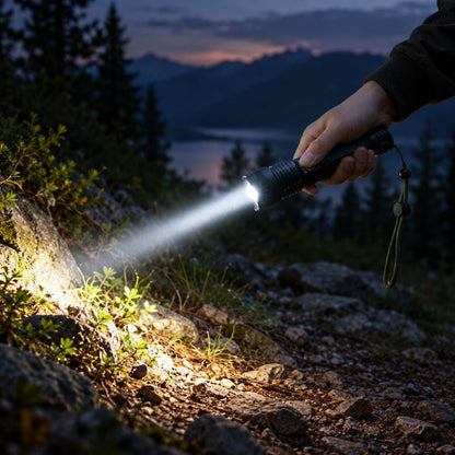 Lampe de poche LongBeam éclaire sentier rocheux en montagne nocturne