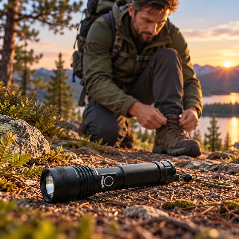 Lampe de poche LongBeam randonneur attache lacets sur sentier montagne