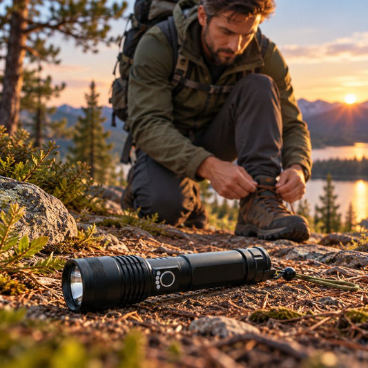 Lampe de poche LongBeam randonneur attache lacets sur sentier montagne