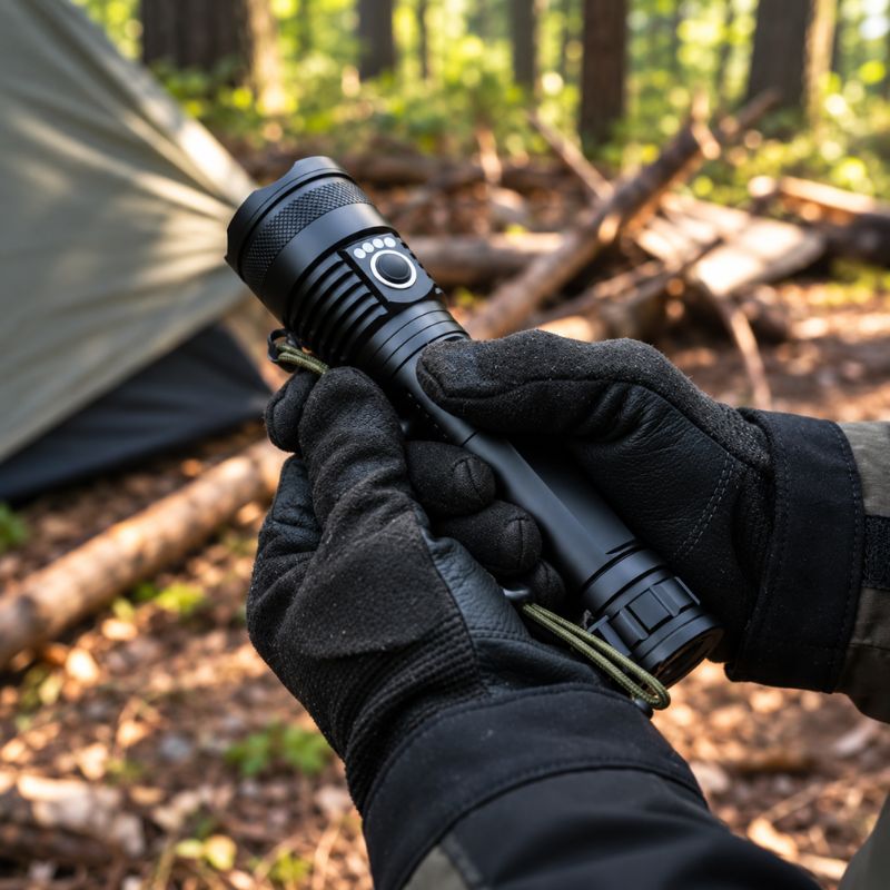 Lampe de poche LongBeam randonneur tient lampe près du campement
