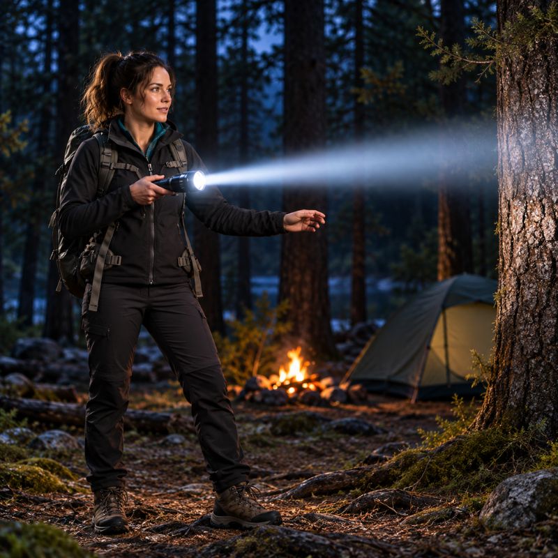 Lampe de poche LongBeam randonneuse éclaire sentier près du campement