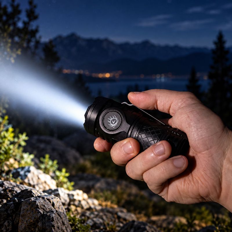 Lampe de poche MicroBeam éclaire sentier rocheux en montagne nuit