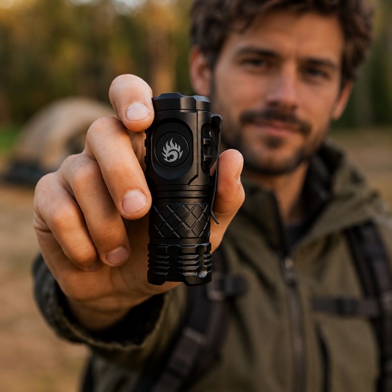 Lampe de poche MicroBeam homme présente lampe devant campement montagne