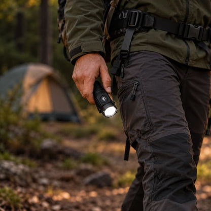 Lampe de poche MicroBeam randonneur tient lampe près tente camping