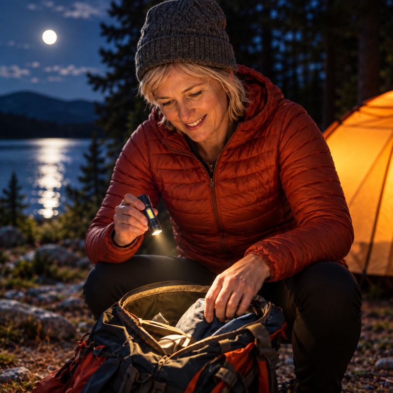 Lampe de poche MiniBeam femme fouille sac camping près lac