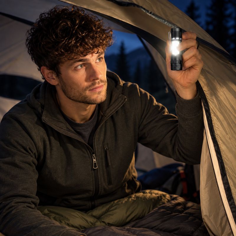 Lampe de poche MiniBeam homme éclaire intérieur tente pendant nuit