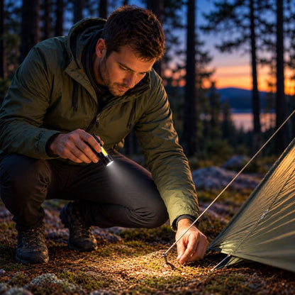 Lampe de poche MiniBeam homme installe tente nuit avec éclairage