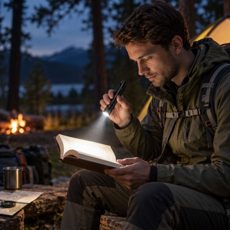 Lampe de poche PocketBeam modèle compact fixé sur chemise randonneur