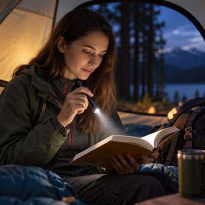 Lampe de poche PocketBeam randonneur éclaire livre près du campement