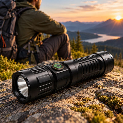 Lampe de poche PowerBeam randonneur au campement devant montagnes