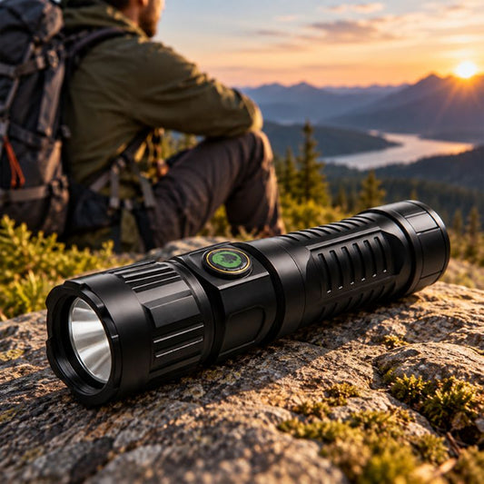 Lampe de poche PowerBeam randonneur au campement devant montagnes