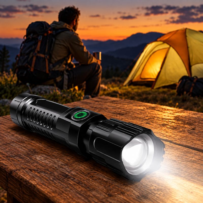 Lampe de poche PowerBeam randonneur observe campement au coucher soleil