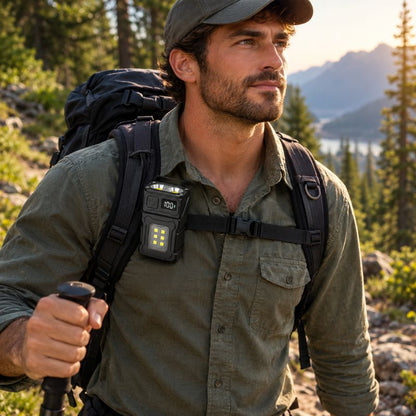 Lampe de poche PowerBox accrochée veste randonneur sur sentier forestier