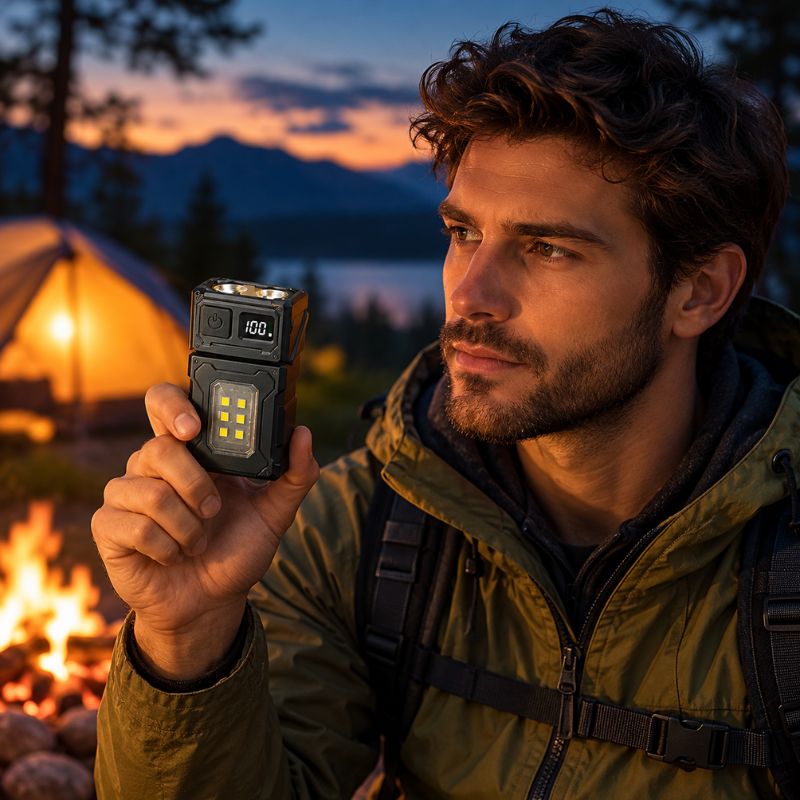 Lampe de poche PowerBox randonneur présente éclairage en pleine forêt