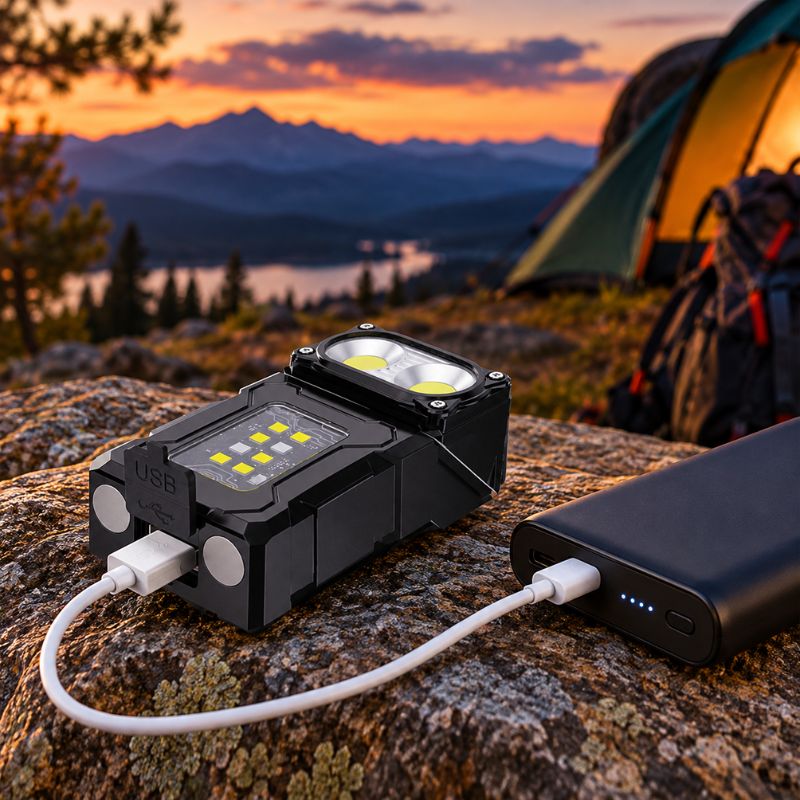 Lampe de poche PowerBox rechargée batterie externe pendant une randonnée
