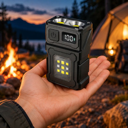 Lampe de poche PowerBox tenue main sur sentier en forêt