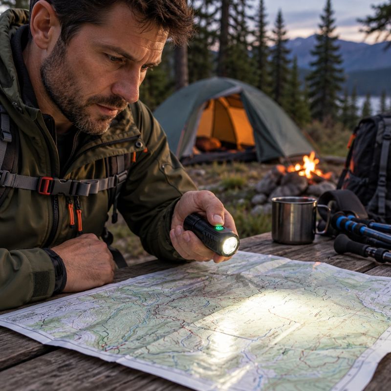 Lampe de poche TriBeam homme consulte carte au campement montagne