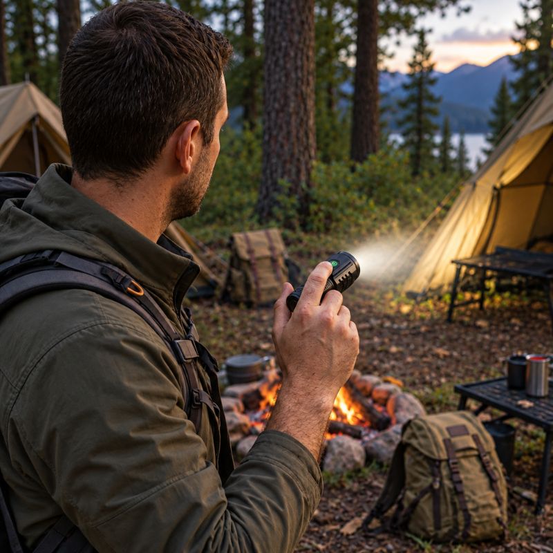 Lampe de poche TriBeam homme éclaire tente au campement forêt
