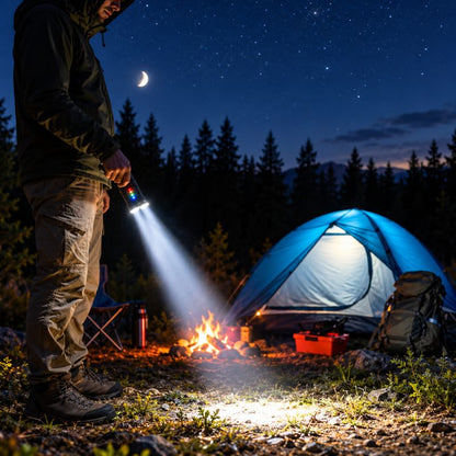 Lampe de poche rechargeable NightBeam éclaire campement sous ciel étoilé