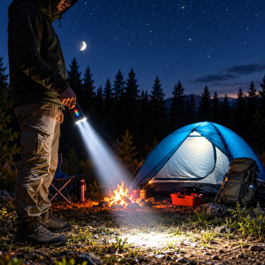Lampe de poche rechargeable NightBeam éclaire campement sous ciel étoilé