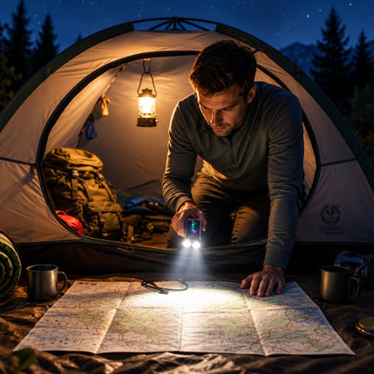 Lampe de poche rechargeable NightBeam homme consulte carte dans tente