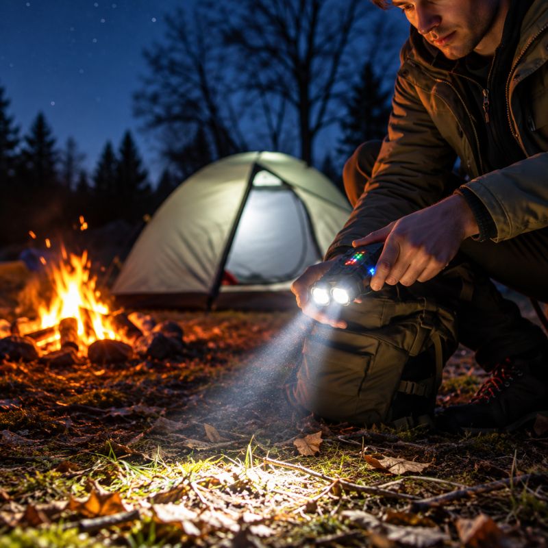Lampe de poche rechargeable NightBeam homme éclaire sol près campement