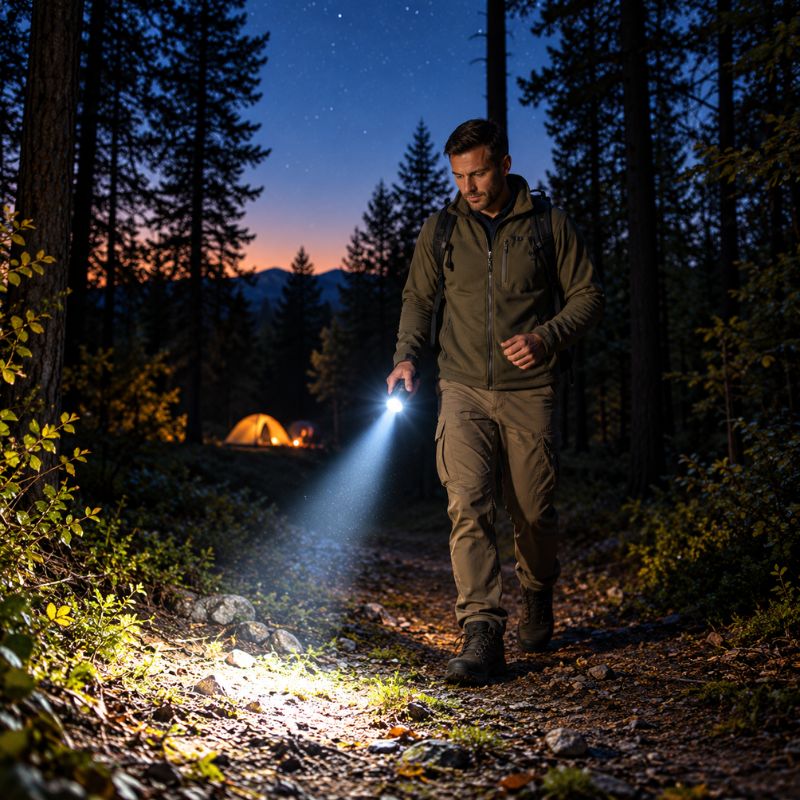 Lampe de poche rechargeable NightBeam randonneur éclaire sentier en forêt