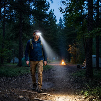 Lampe frontale rechargeable Explorer Pro en randonnée nocturne en forêt