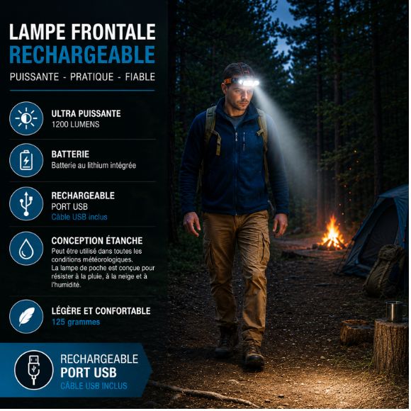 Lampe frontale rechargeable pour camping nocturne